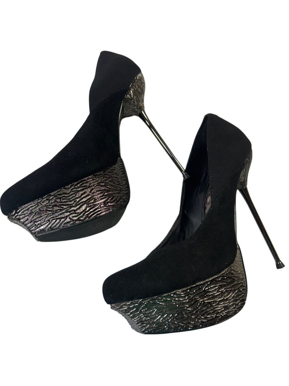 Two Lips Womens Size 6.5 Black Platform Stiletto Heels With Textured Metallic - Picture 12 of 16